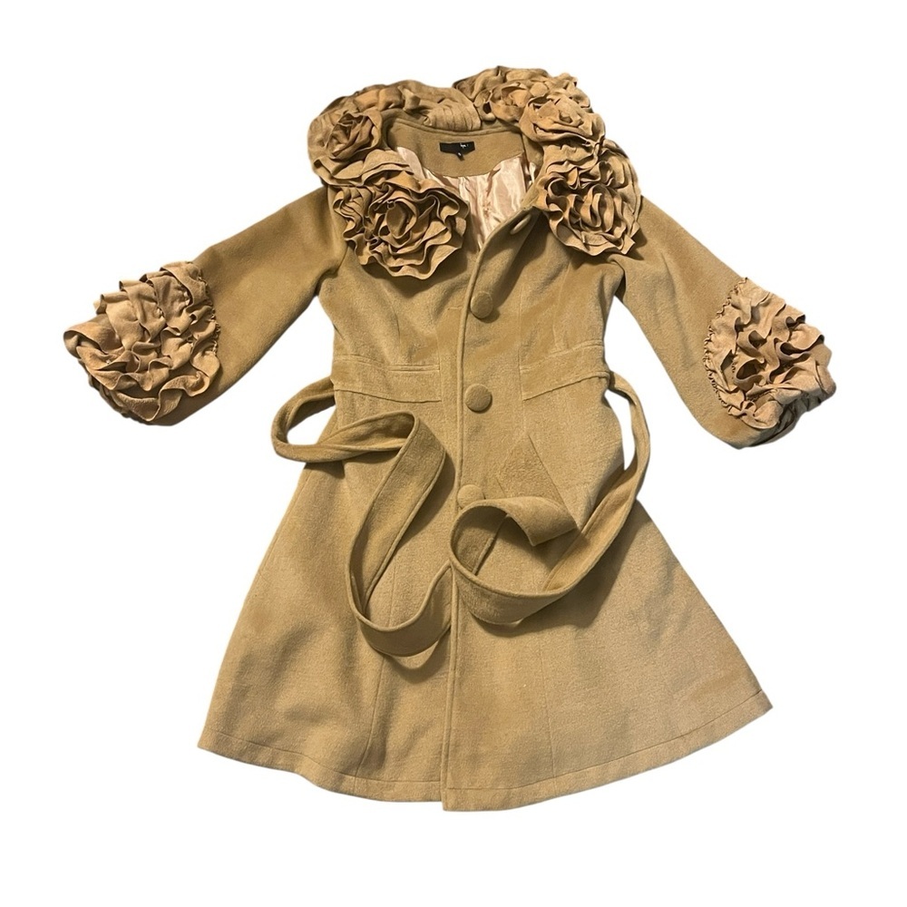 Ryu Brown Rosette Ruffle Collar Trench Coat Size Small - Picture 8 of 9
